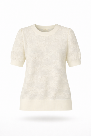 White Lace-Knit Puff Sleeve Top
