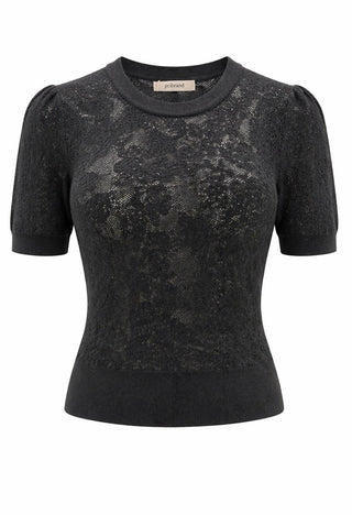 Black Lace-Knit Puff Sleeve Top