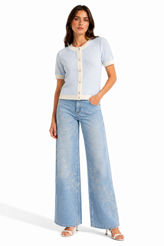 Blue Contrast-Trim Short-Sleeve Cardigan