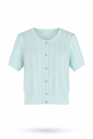 Pink Pointelle-Knit Pearl Button Cardigan