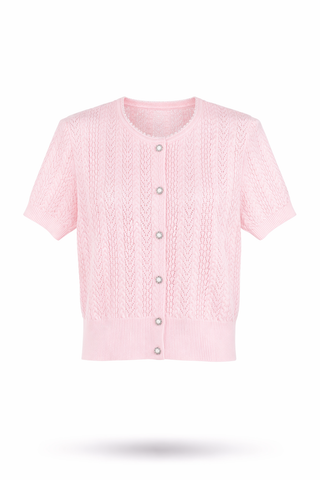 Pink Pointelle-Knit Pearl Button Cardigan