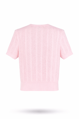 Pink Pointelle-Knit Pearl Button Cardigan