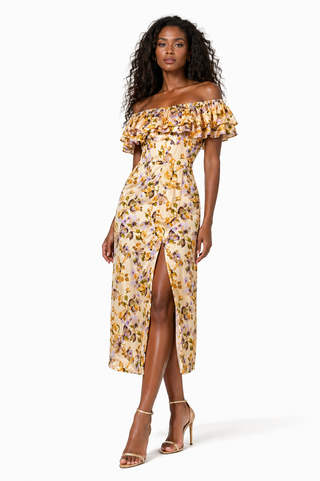 Multi Floral Off-Shoulder Ruffle Midi Dress