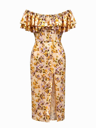 Multi Floral Off-Shoulder Ruffle Midi Dress