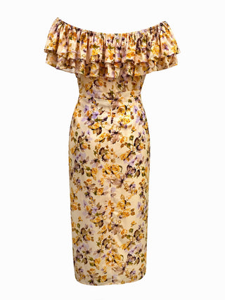 Multi Floral Off-Shoulder Ruffle Midi Dress