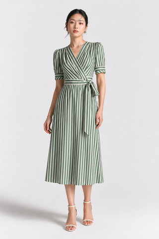 Green Striped V-Neck Wrap Midi Dress
