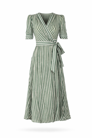 Green Striped V-Neck Wrap Midi Dress