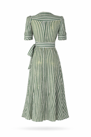 Green Striped V-Neck Wrap Midi Dress