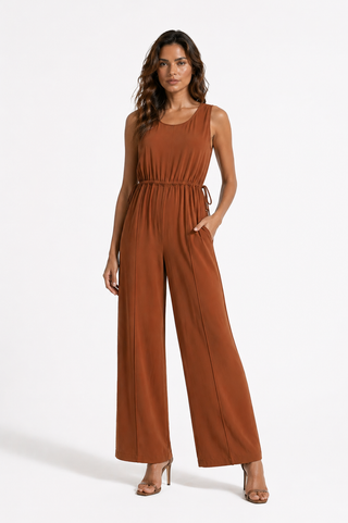 Brown Sleeveless Wide-Leg Relaxed Jumpsuit