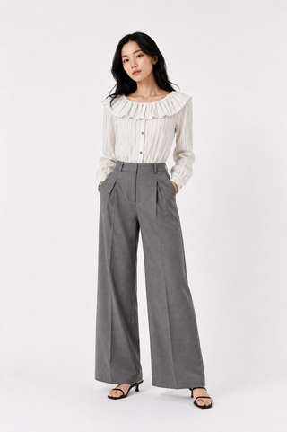 Grey Wide-Leg Pleated Trousers