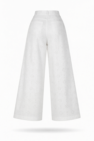 White Wide-Leg Linen Blend Trousers