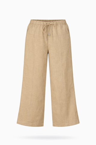 Khaki Drawstring Linen Wide-Leg Trousers