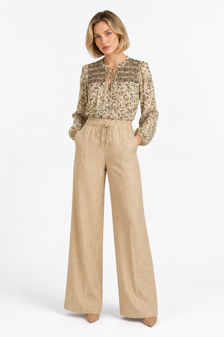 Khaki Drawstring Linen Wide-Leg Trousers