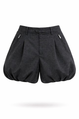 Black Bubble-Hem Wool Blend Shorts