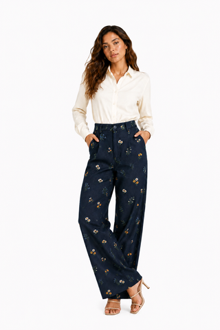 Embellished Wide-Leg Denim Pants