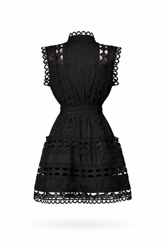 Black Lace Belted Mini Dress