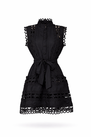 Black Lace Belted Mini Dress
