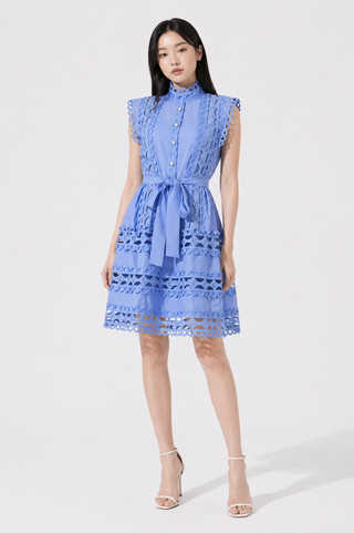Blue Broderie Anglaise Belted Mini Dress