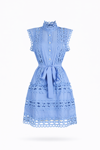 Blue Broderie Anglaise Belted Mini Dress