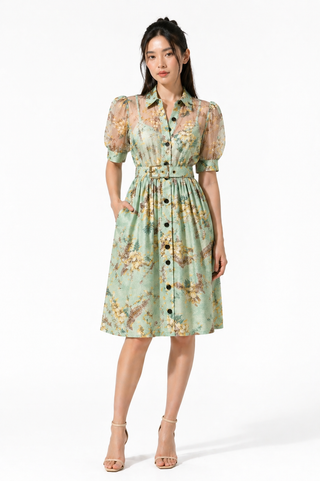 Multi Floral Belted Button-Front Midi Dress