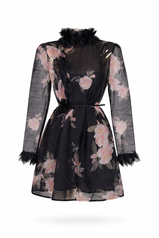 Black Feather-Trim Floral Mini Dress