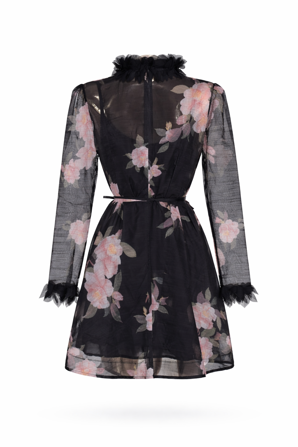 Black Feather-Trim Floral Mini Dress