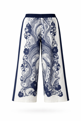 White & Blue Paisley Wide-Leg Trousers