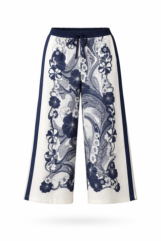 White & Blue Paisley Wide-Leg Trousers