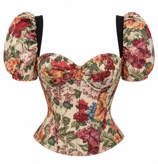 Floral Puff-Sleeve Corset Top