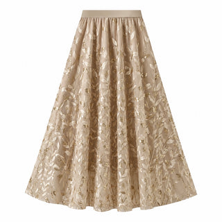 Sequin Leaf Embroidered Midi Skirt