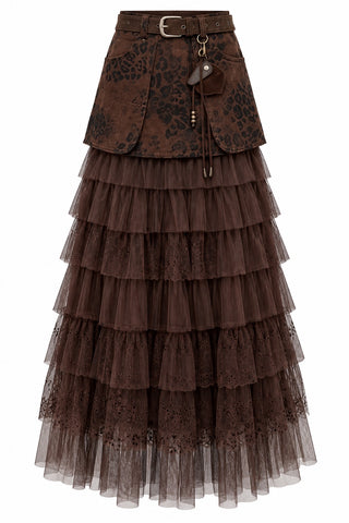 Lace-Yoke Tiered Tulle Maxi Skirt
