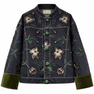 Embroidered Floral Velvet-Cuff Jacket