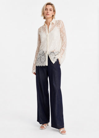 LACE-PANEL SHIRT IN MIXED FABRIC & LACE