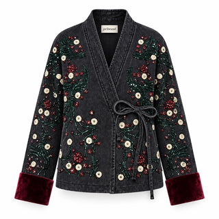 Floral Embroidered Velvet-Cuff Wrap Jacket