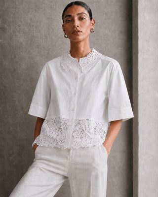 LACE-HEM BUTTON-UP SHIRT IN COTTON & LACE