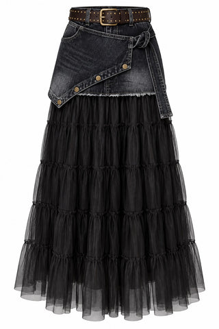Denim-Wrap Tulle Maxi Skirt