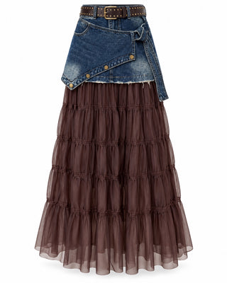 Denim-Wrap Tulle Maxi Skirt