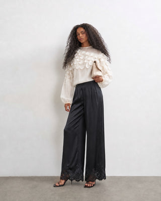 SATIN WIDE-LEG PANTS IN MIXED FABRIC