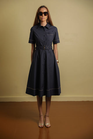 Short Sleeve Cotton Shirt Dress With Metallic Details