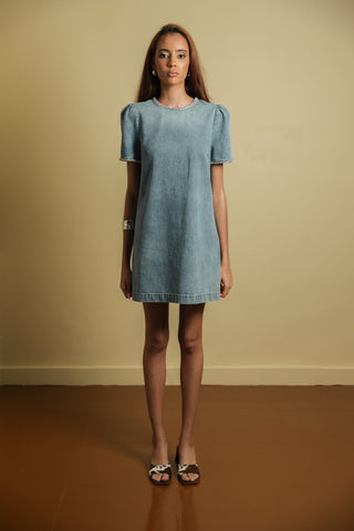 Short Denim Dress With Short Sleeve Embellished