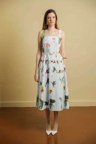 Midi Dress In Cotton With Floral Print And Straps