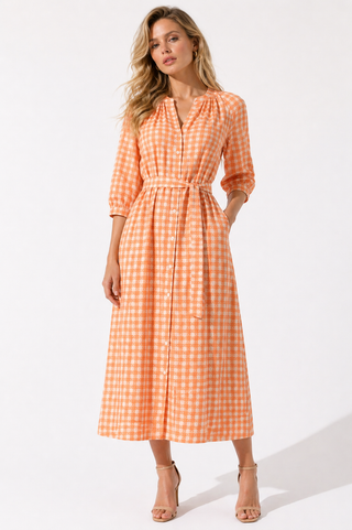 Orange Gingham Midi Wrap Dress