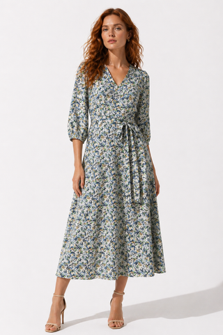 Green Floral Tie-Waist Midi Dress