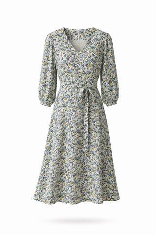 Green Floral Tie-Waist Midi Dress