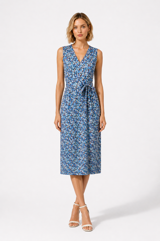 Blue Floral V-Neck Belted Midi Dress