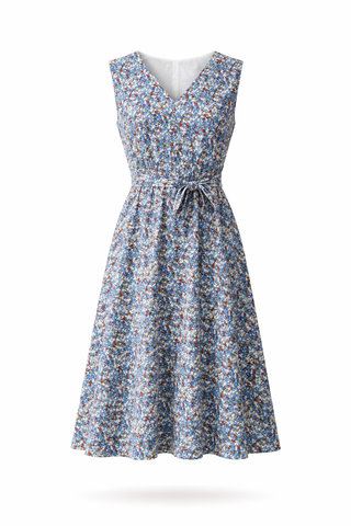 Blue Floral V-Neck Belted Midi Dress