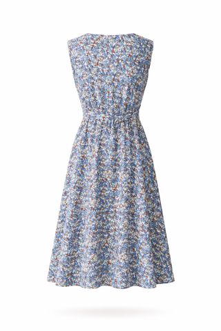 Blue Floral V-Neck Belted Midi Dress