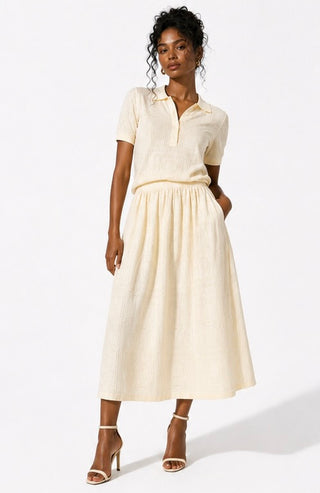 Butter Yellow Pointelle Logo-Knit Midi Skirt