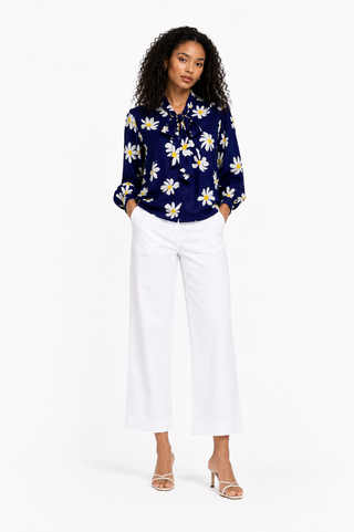 Navy Daisy Print Tie-Neck Silk Shirt