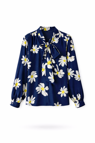 Navy Daisy Print Tie-Neck Silk Shirt